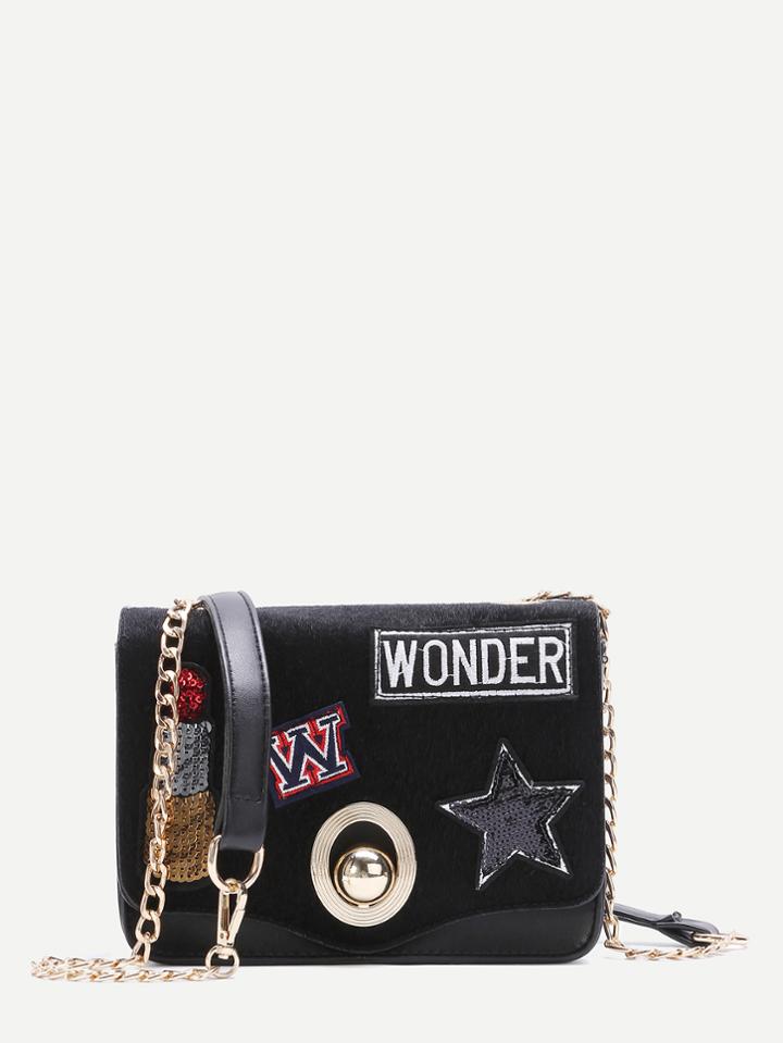 Romwe Black Badge Patch Furry Pu Crossbody Chain Bag
