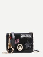 Romwe Black Badge Patch Furry Pu Crossbody Chain Bag