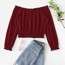 Romwe Frill Off The Shoulder Solid Tee