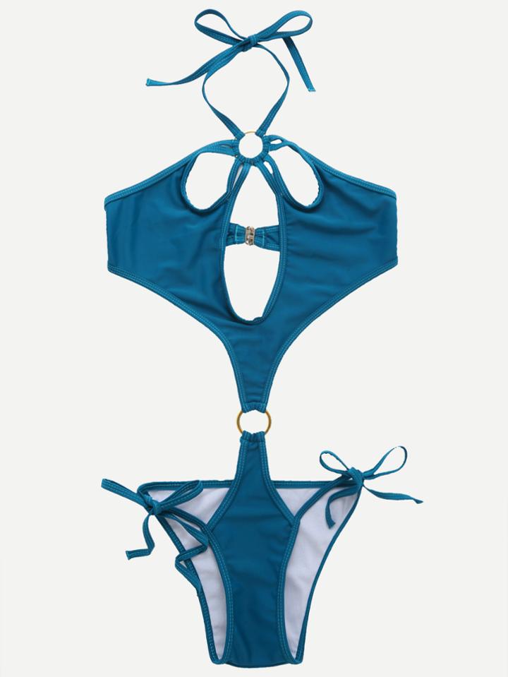 Romwe Blue Cutout Ring Accent Halter Neck Monokini