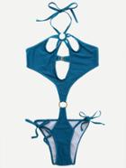 Romwe Blue Cutout Ring Accent Halter Neck Monokini