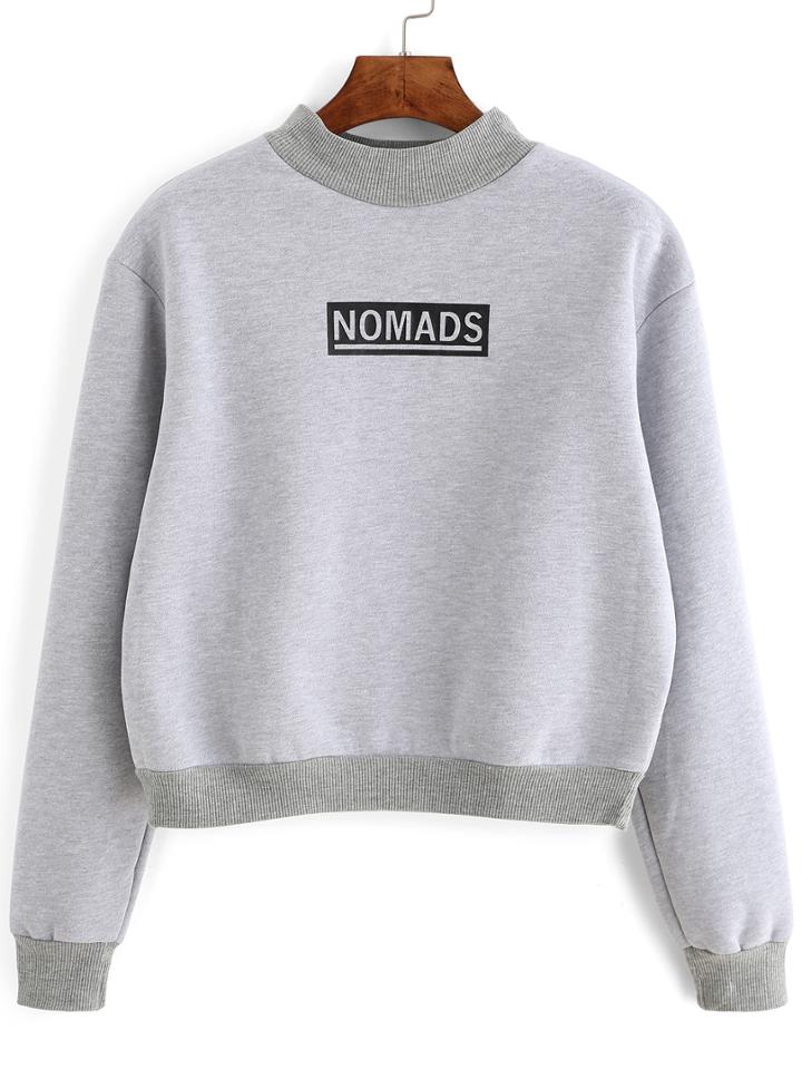 Romwe Mock Neck Letter Print Grey Sweatshirt