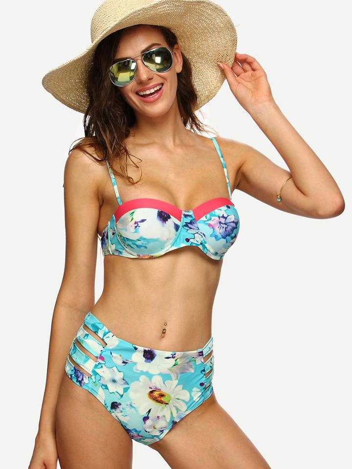 Romwe Blue Flower Print Ladder-cutout Bikini Set