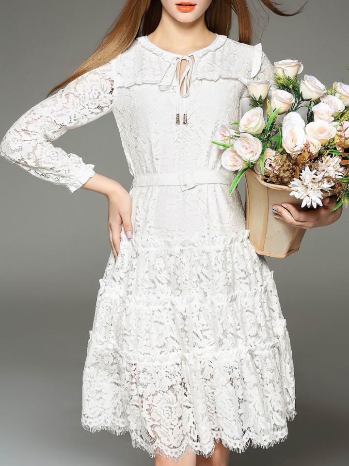 Romwe White Tie Neck Ruffle Belted Lace Dress