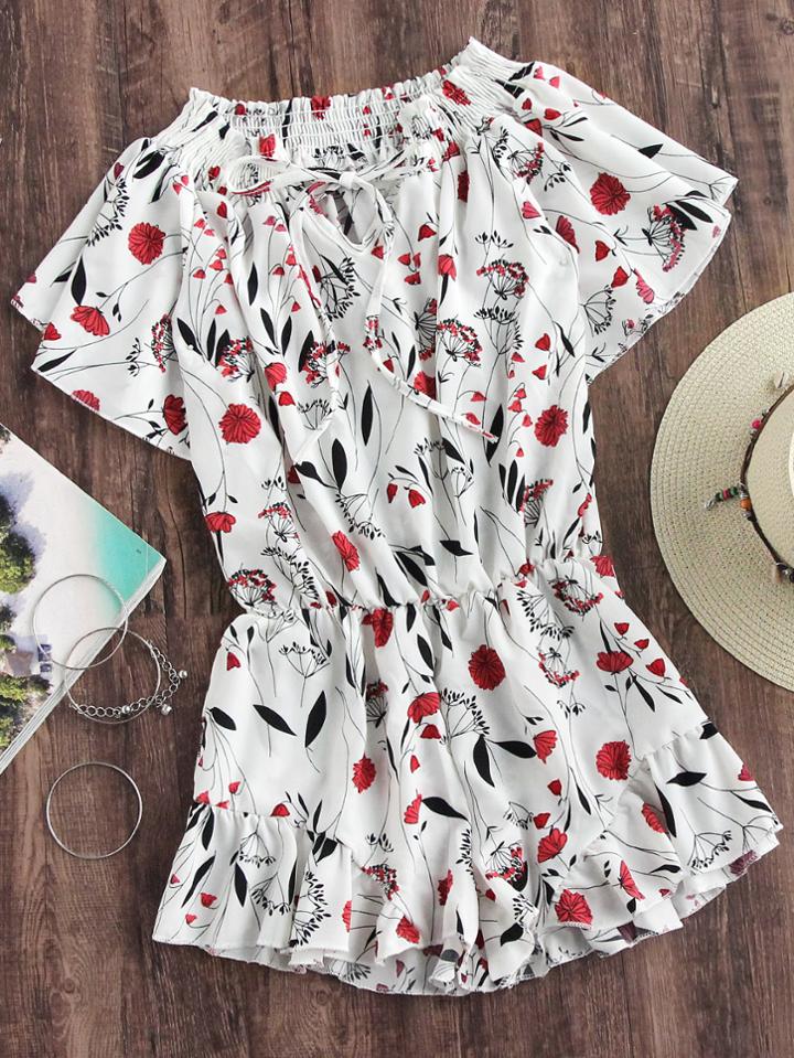 Romwe Shirred Floral Print Self Tie Frill Hem Romper