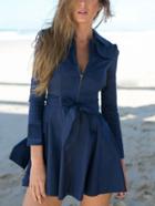 Romwe Puff Sleeve Bow Ribbon Navy Dress Coat