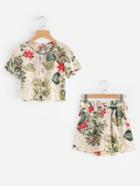 Romwe Tropical Print Keyhole Back Crop Top With Shorts
