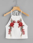 Romwe Halter Neck Rose Embroidered Patch Ribbed Top