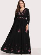 Romwe Lace Up Front Flower Embroidered Maxi Dress