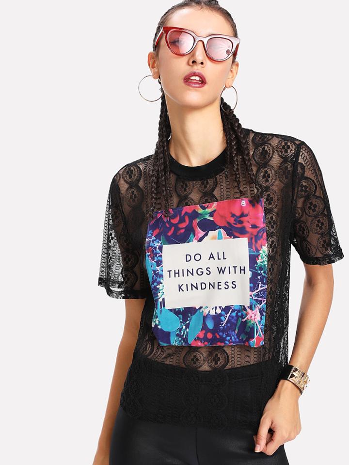 Romwe Patched Front Sheer Lace Top