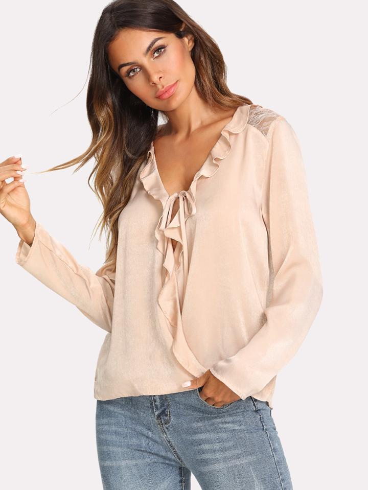 Romwe Ruffle Trim Wrap Blouse