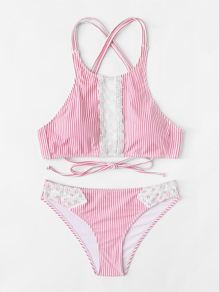 Romwe Contrast Lace Striped Bikini Set