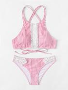 Romwe Contrast Lace Striped Bikini Set
