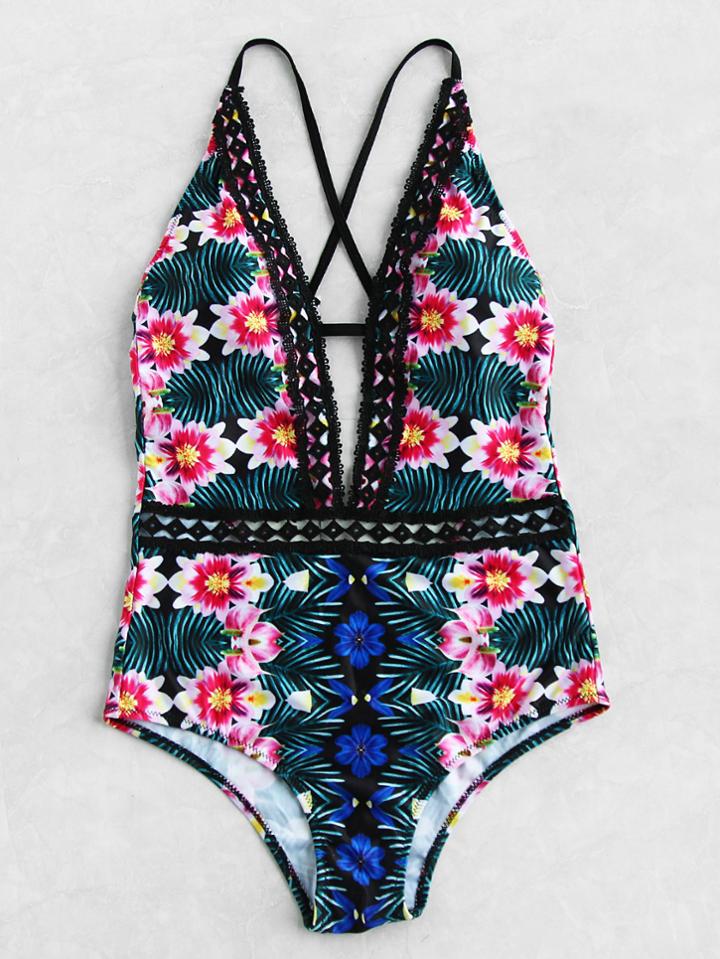 Romwe Calico Print Lace Insert Plunge Neck Swimsuit