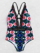 Romwe Calico Print Lace Insert Plunge Neck Swimsuit