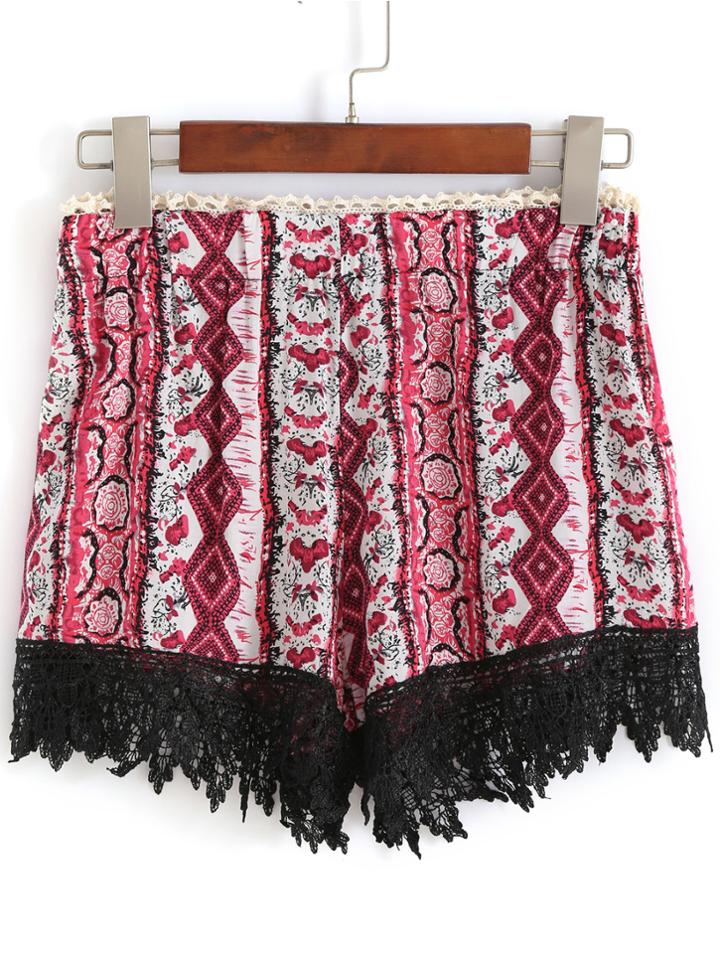Romwe Contrast Lace Geometric Print Shorts