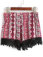 Romwe Contrast Lace Geometric Print Shorts