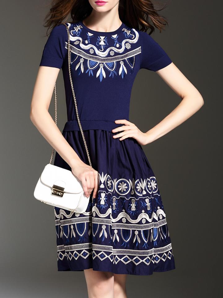 Romwe Blue Knit Embroidered A-line Dress