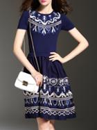 Romwe Blue Knit Embroidered A-line Dress