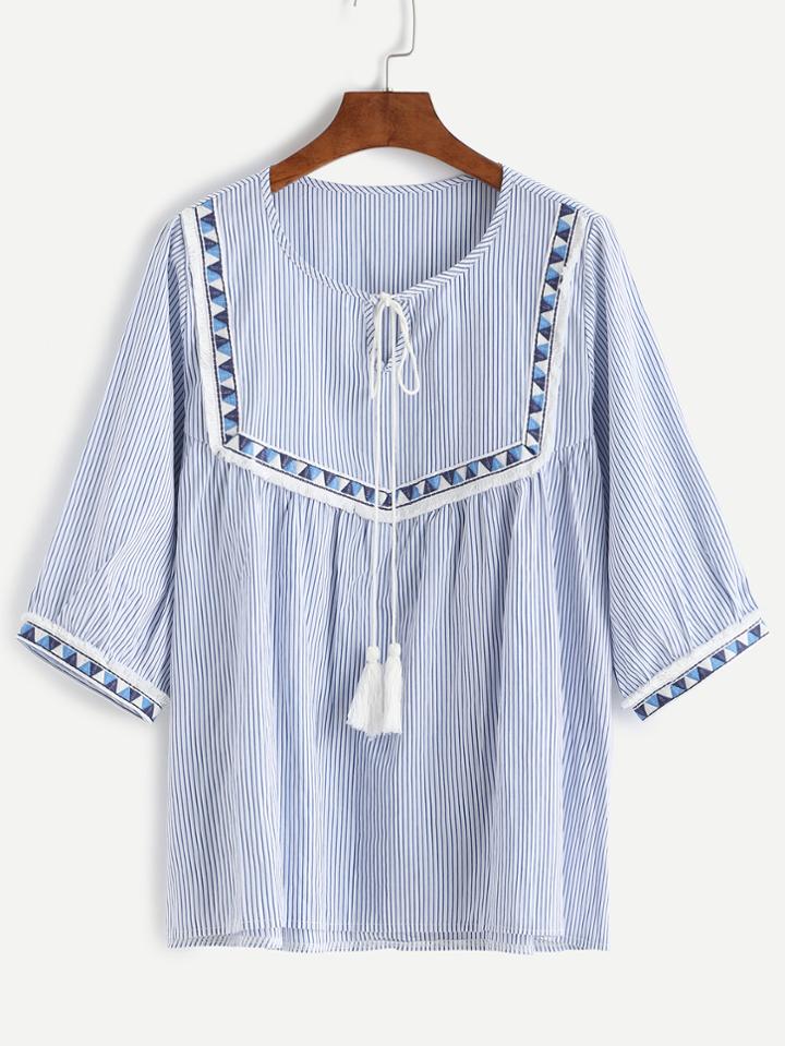 Romwe Vertical Striped Tie Neck Blouse With Embroidered Tape Detail