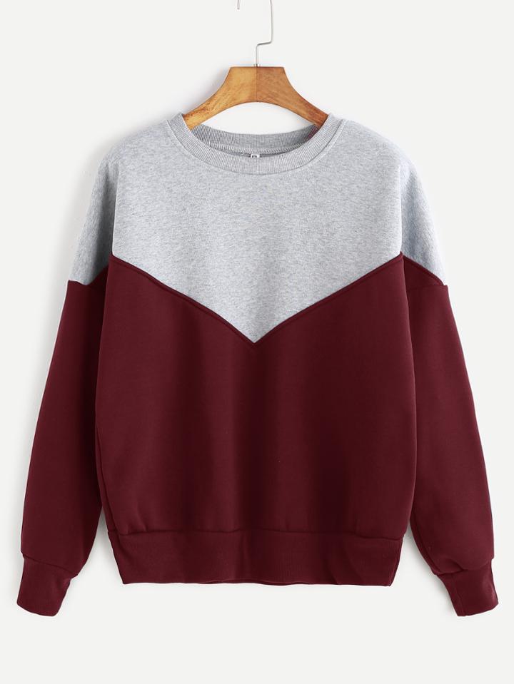 Romwe Burgundy Contrast Dropped Shoulder Seam Sweatshirt
