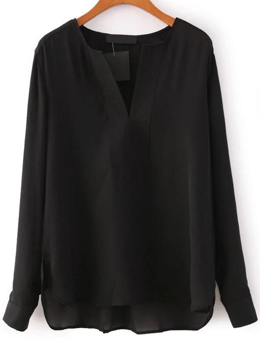 Romwe V Neck Chiffon Black Blouse
