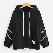 Romwe Letter Print Kangaroo Pocket Drawstring Hem Hoodie