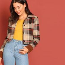 Romwe Button Up Plaid Crop Jacket