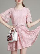 Romwe Pink Contrast Gauze Belted A-line Lace Dress