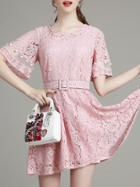 Romwe Pink Contrast Gauze Belted A-line Lace Dress