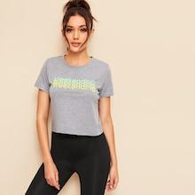 Romwe Letter Print Heathered Grey Crop Tee