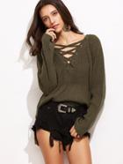Romwe Brown Lace Up V Neck High Low Sweater