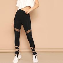 Romwe Mesh Insert Lace Up Hem Leggings