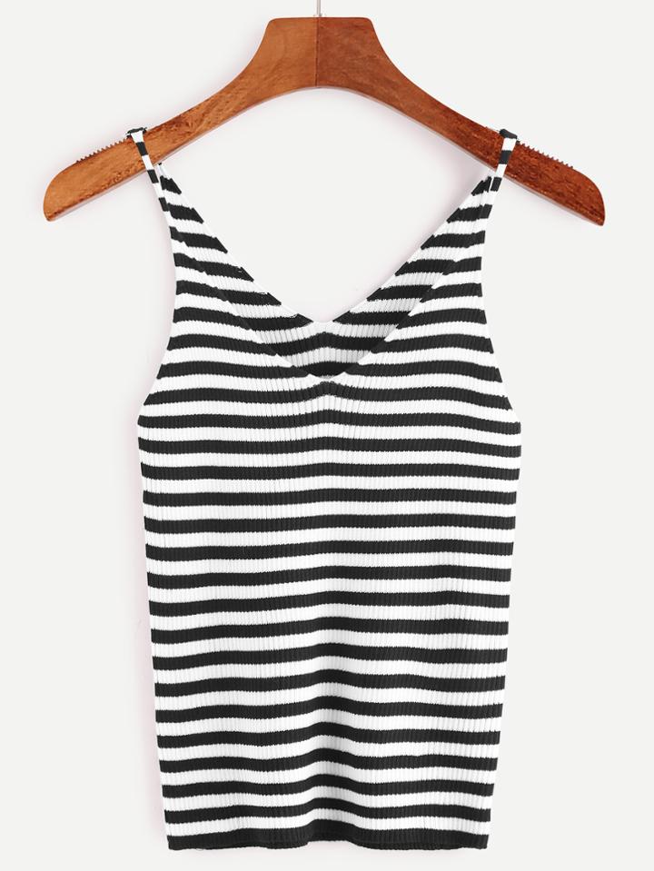 Romwe Black White Striped Ribbed Knit Tight Cami Top