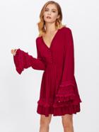 Romwe Fringe Lace Applique Bell Sleeve Dress
