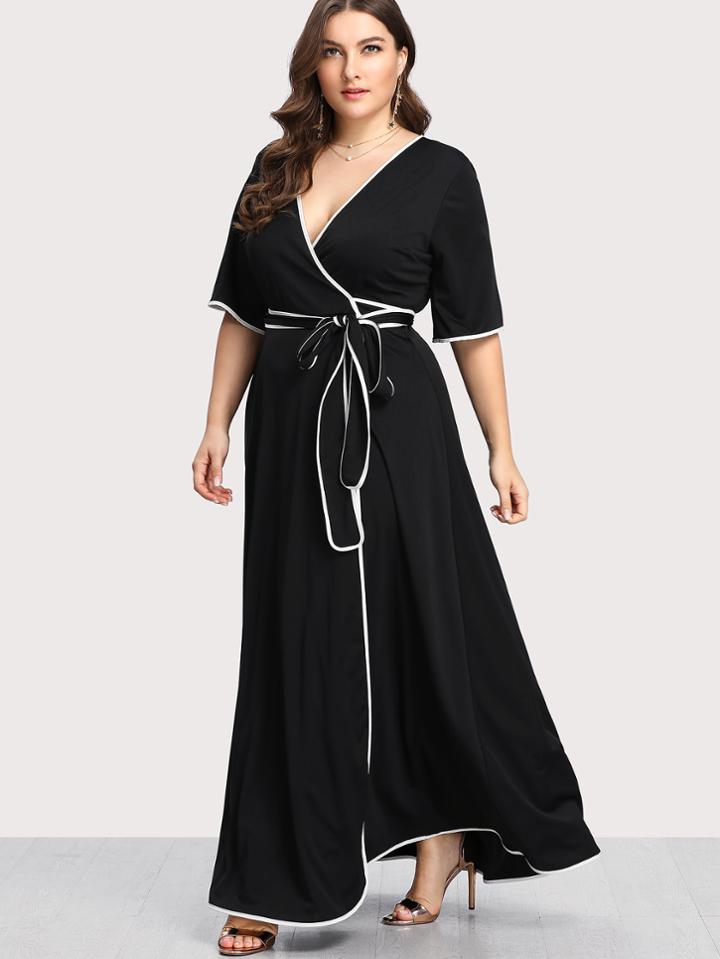 Romwe Contrast Binding Self Belted Wrap Dress
