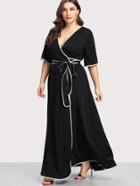 Romwe Contrast Binding Self Belted Wrap Dress