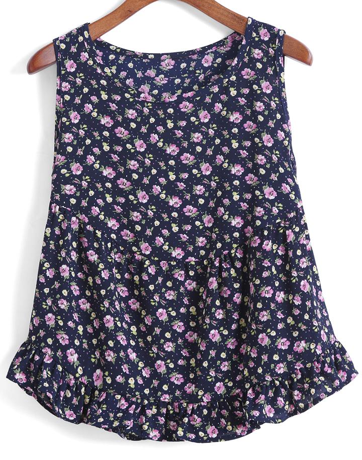 Romwe Peplum Hem Florals Navy Tank Top