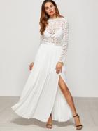 Romwe Eyelet Embroidered Lace Top Split Pleated Dress