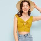 Romwe Button Front Knot Front Crop Tee