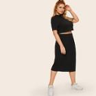 Romwe Plus High Neck Rib-knit Crop Top & Skirt Set