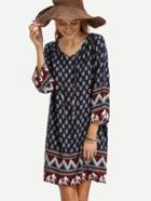 Romwe Navy Lace Up Vintage Print Tunic Dress
