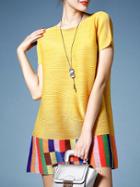 Romwe Yellow Color Block Pleated Elastic Dress