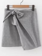 Romwe Grey Plaid Knotted Asymmetrical Skirt