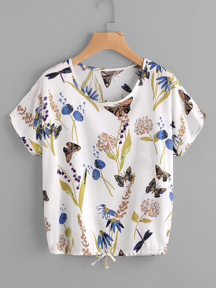 Romwe Butterfly Print Drawstring Top