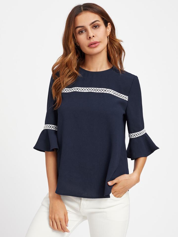 Romwe Crochet Detail Fluted Sleeve Blouse