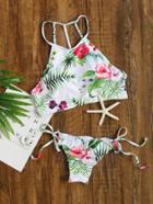 Romwe Floral Print Side Tie Bikini Set