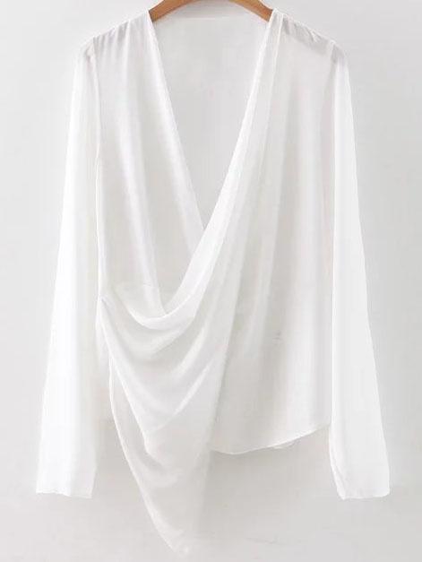 Romwe White Draped V Neck Loose Top