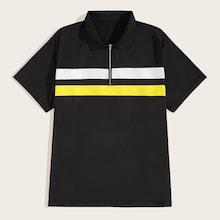 Romwe Guys Quarter Zip Contrast Panel Polo Shirt