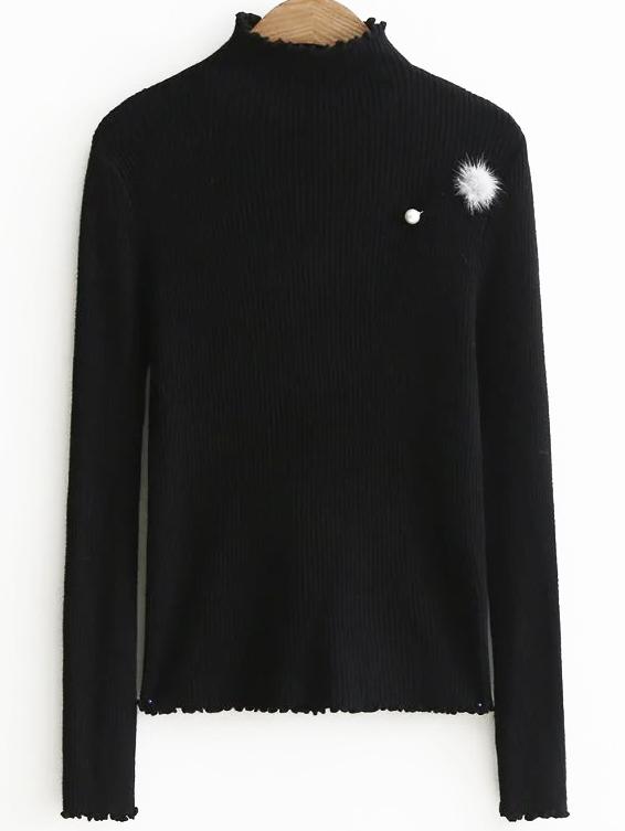 Romwe Black Pearl Embellished Knitwear With Faux Fur Ball